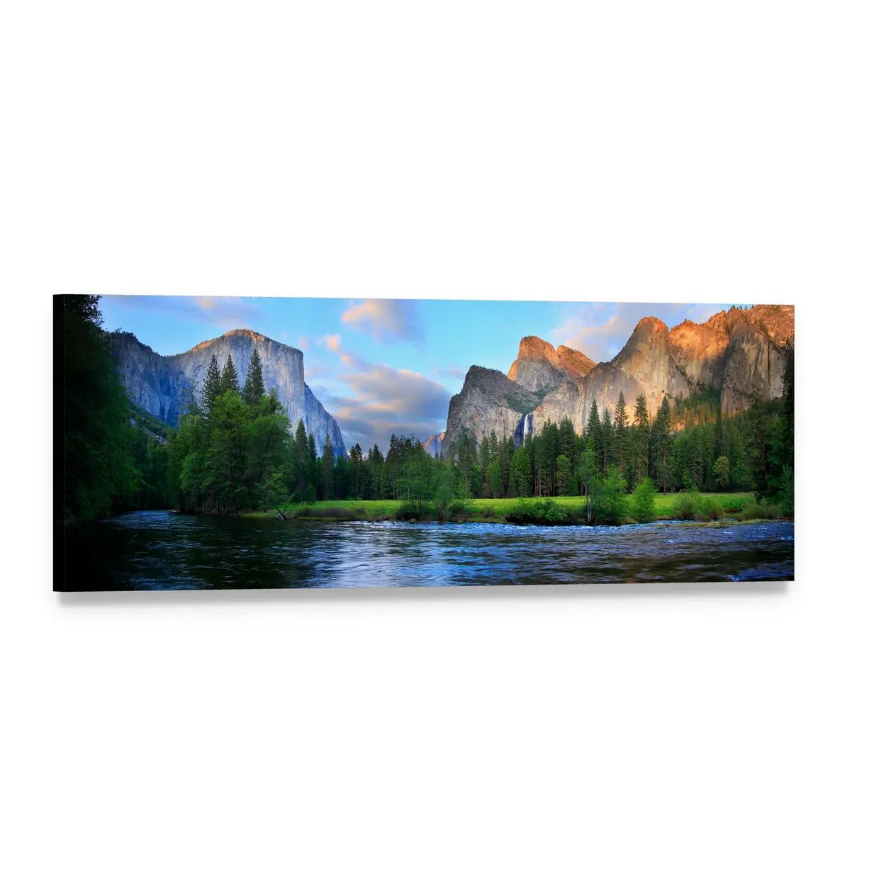 Yosemite Valley Merced River Sunset Panoramic Canvas Wall Art, single panel gallery wrapped canvas, angled product view