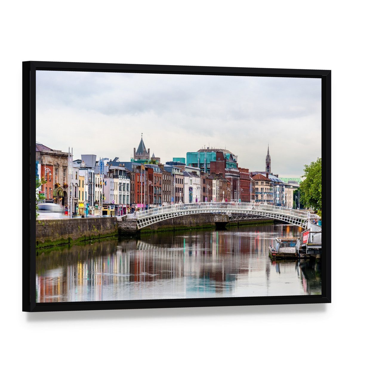 Ha'penny Bridge Over Dublin River Canvas Wall Art, framed canvas in a black floater frame, angled product view