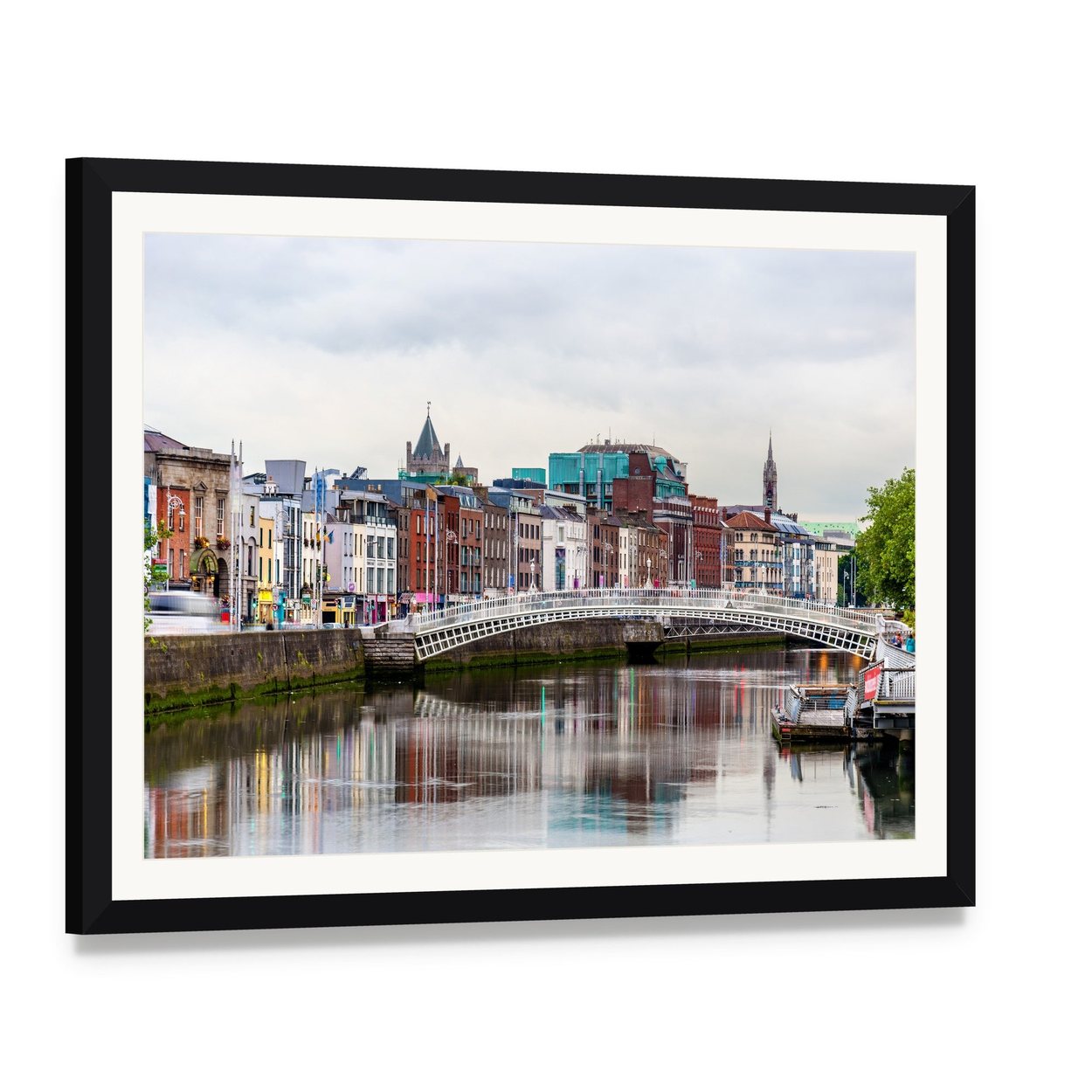 Ha'penny Bridge Over Dublin River Canvas Wall Art, framed print with white mat and black frame, angled product view