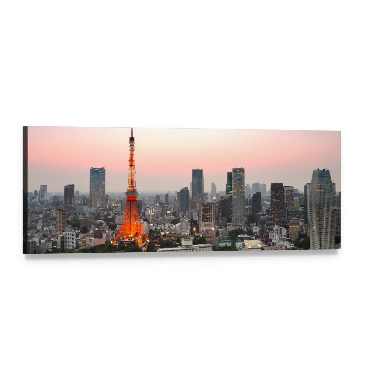 Tokyo Skyline at Dusk Panoramic Canvas Wall Art, single panel gallery wrapped canvas, angled product view