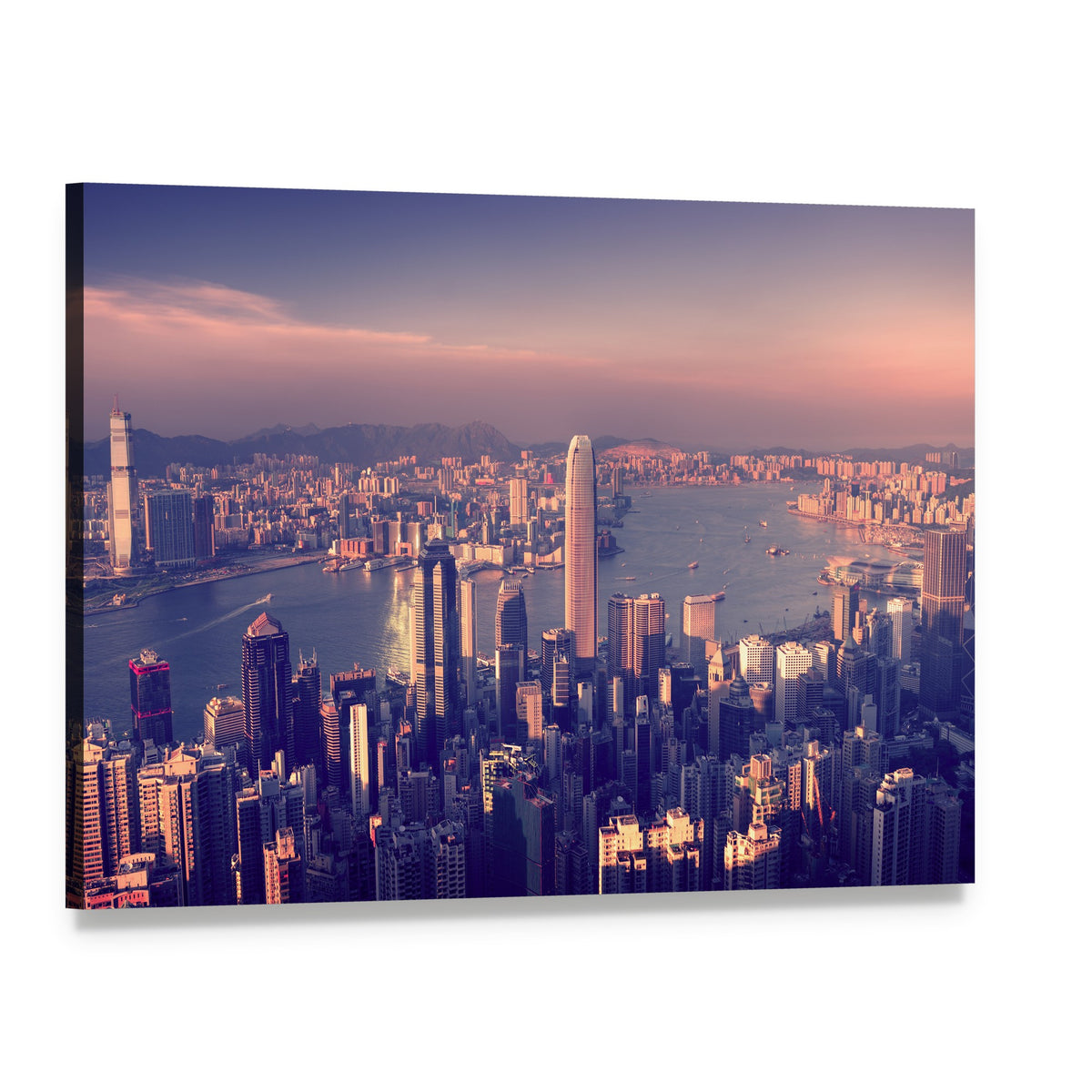 Hong Kong Skyline at Sunset Canvas Wall Art, single panel gallery wrapped canvas, angled product view