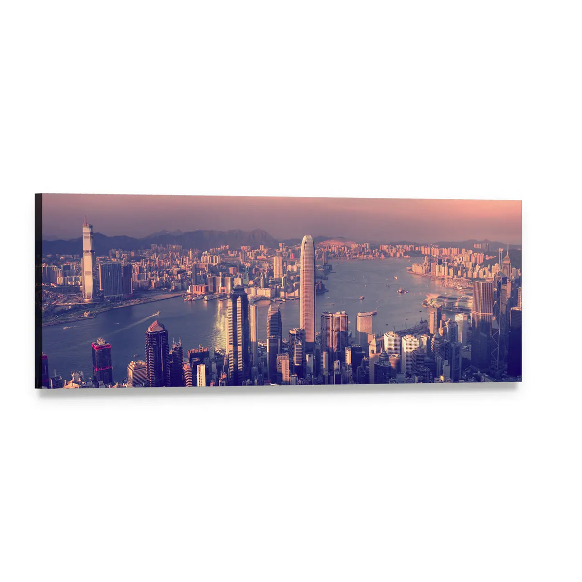 Purple Dusk City Skyline Over Harbor Panoramic Canvas Wall Art, single panel gallery wrapped canvas, angled product view