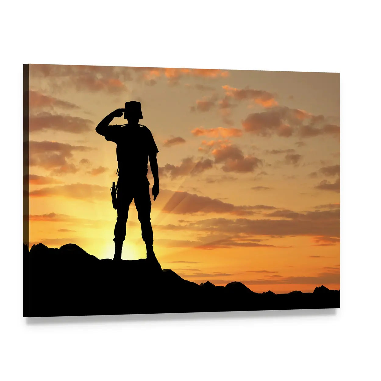 Soldier Saluting at Sunset Canvas Wall Art, single panel gallery wrapped canvas, angled product view