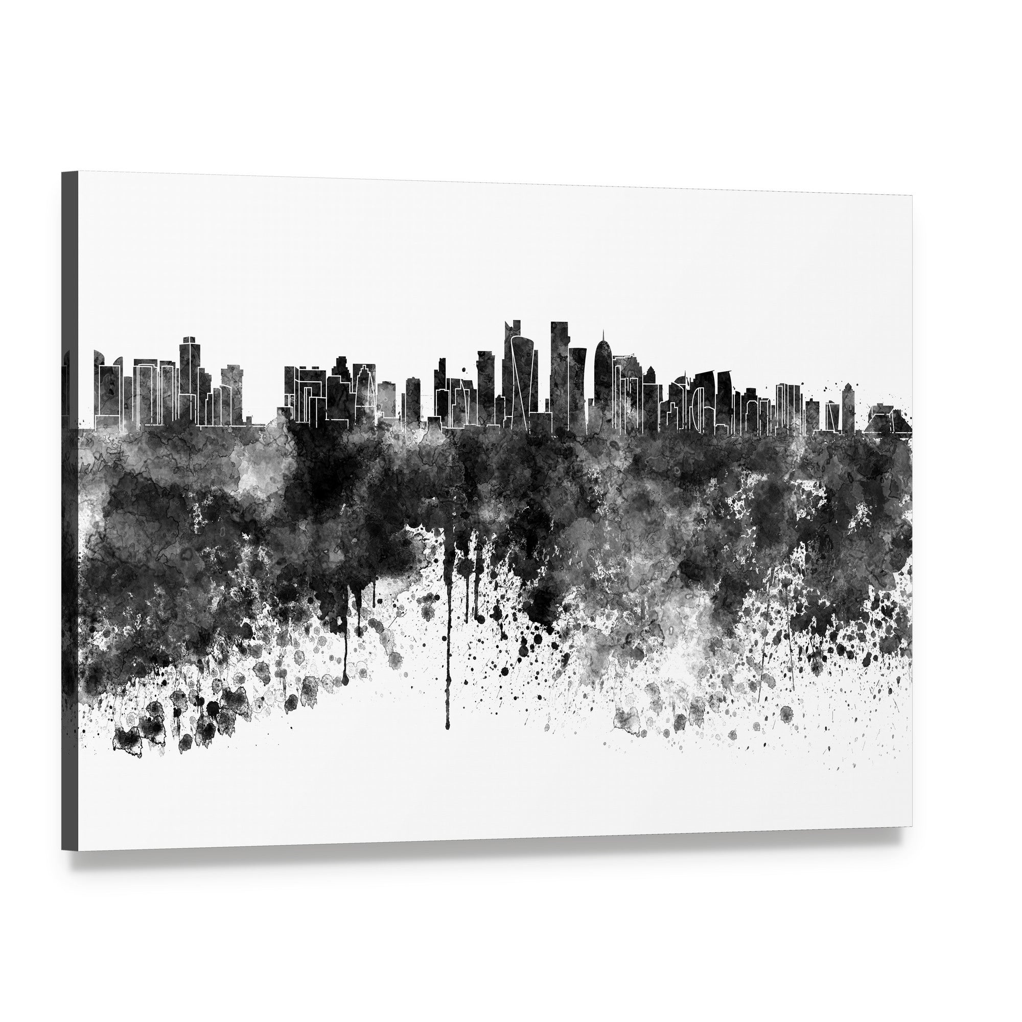 Doha Skyline in Black Watercolor Canvas Wall Art, single panel gallery wrapped canvas, angled product view