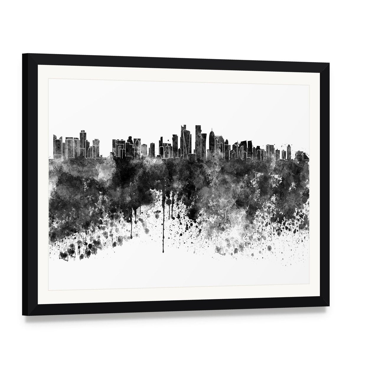 Doha Skyline in Black Watercolor Canvas Wall Art, framed print with white mat and black frame, angled product view