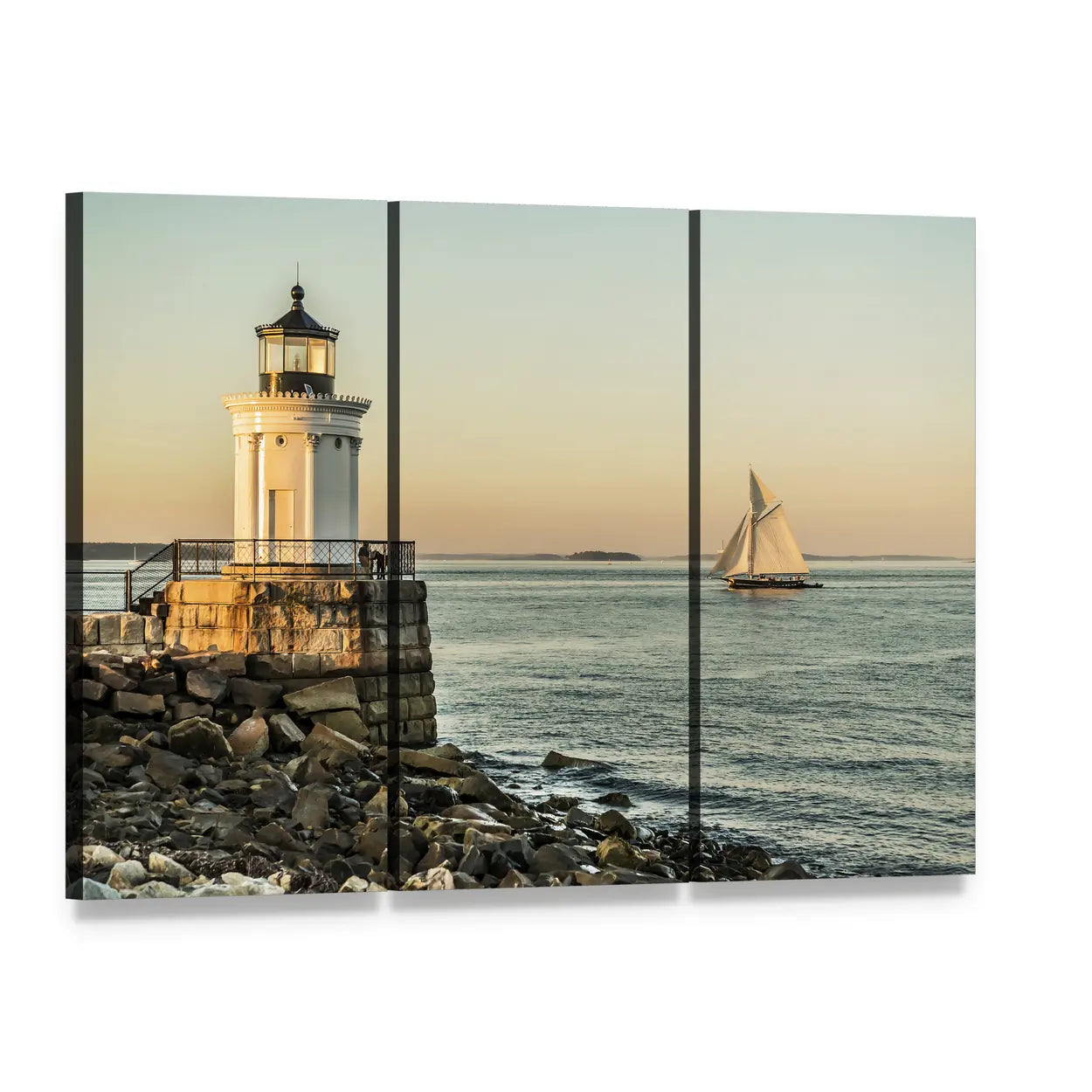 Bug Light Lighthouse at Sunset Canvas Wall Art, 3 panel 3 Horizontal layout gallery wrapped canvas set, angled product view