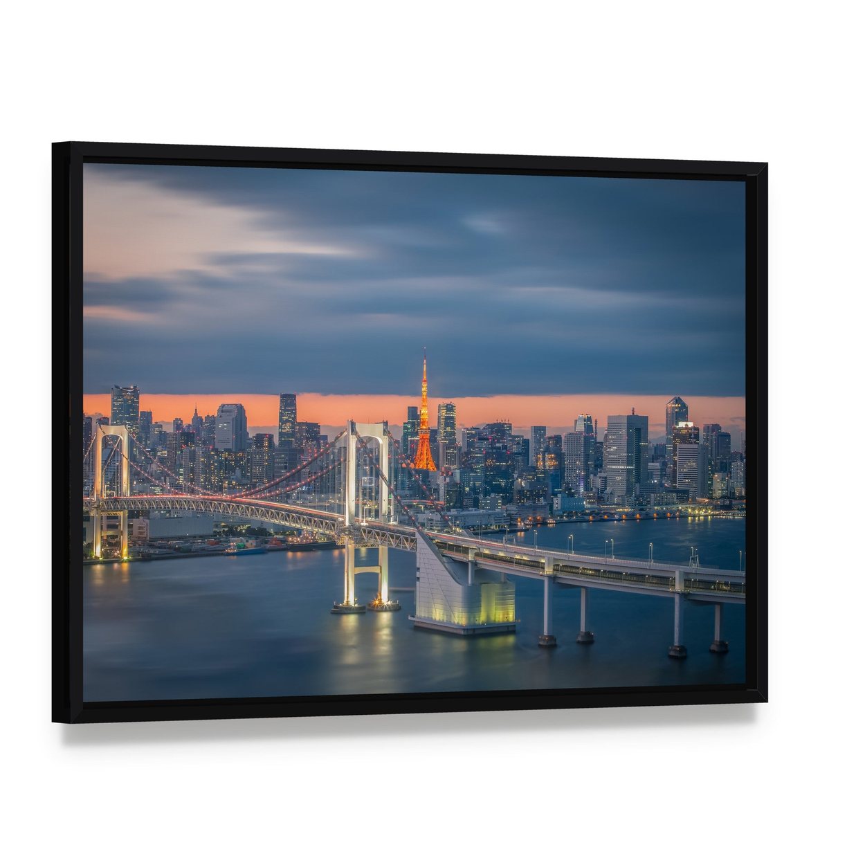 Tokyo Rainbow Bridge at Twilight Canvas Wall Art, framed canvas in a black floater frame, angled product view