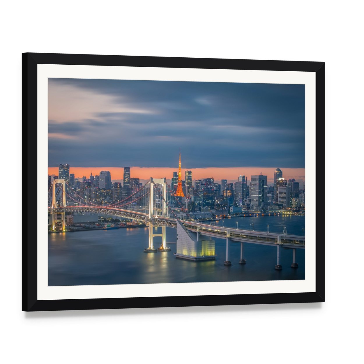 Tokyo Rainbow Bridge at Twilight Canvas Wall Art, framed print with white mat and black frame, angled product view
