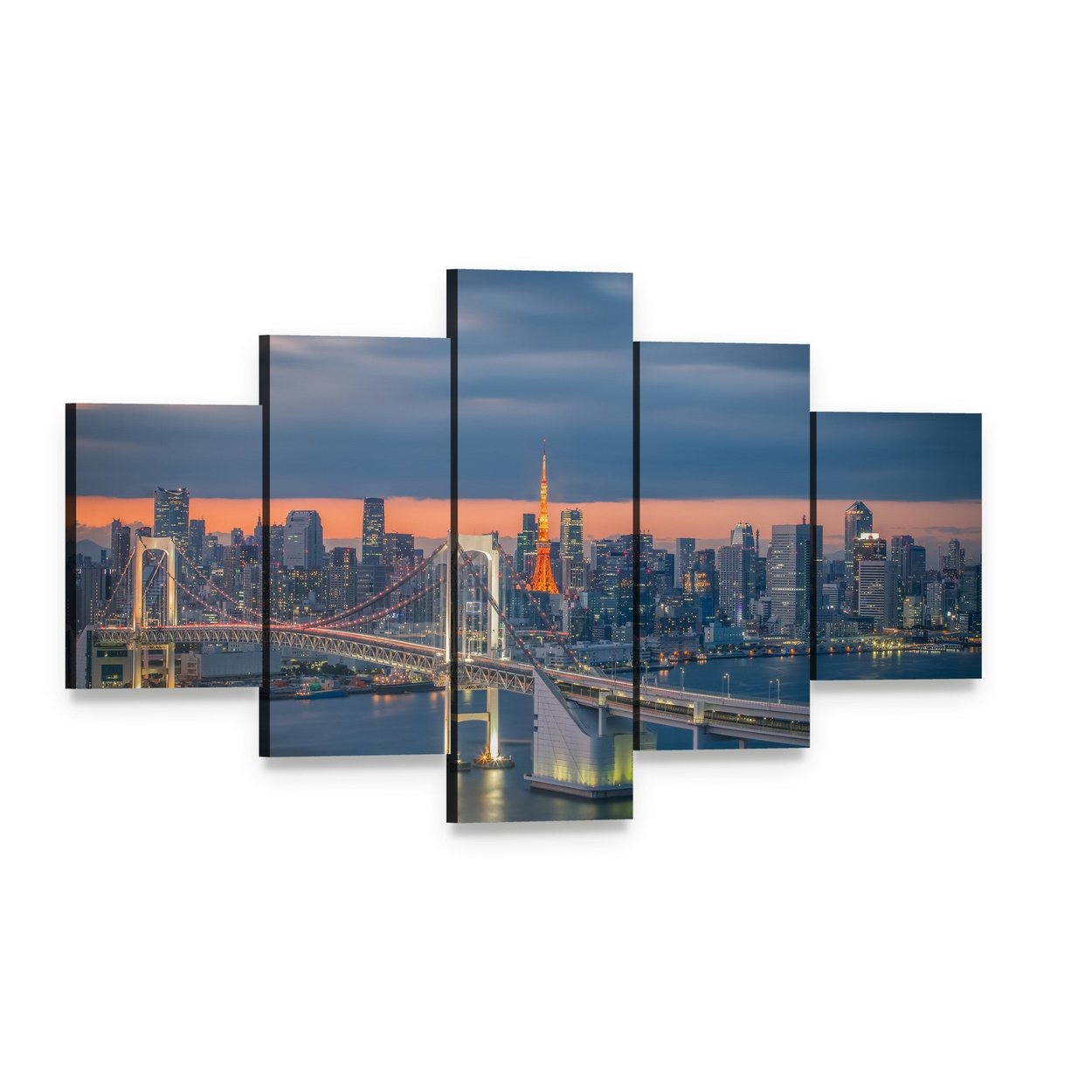 Tokyo Rainbow Bridge at Twilight Canvas Wall Art, 5 panel 5 Star layout gallery wrapped canvas set, angled product view