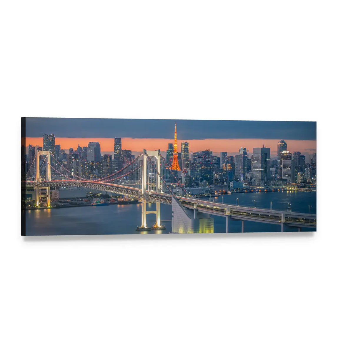 Tokyo Rainbow Bridge at Dusk Panoramic Canvas Wall Art, single panel gallery wrapped canvas, angled product view