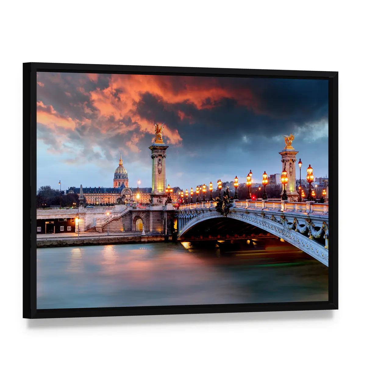 Alexandre Iii Bridge in Paris Canvas Wall Art, framed canvas in a black floater frame, angled product view