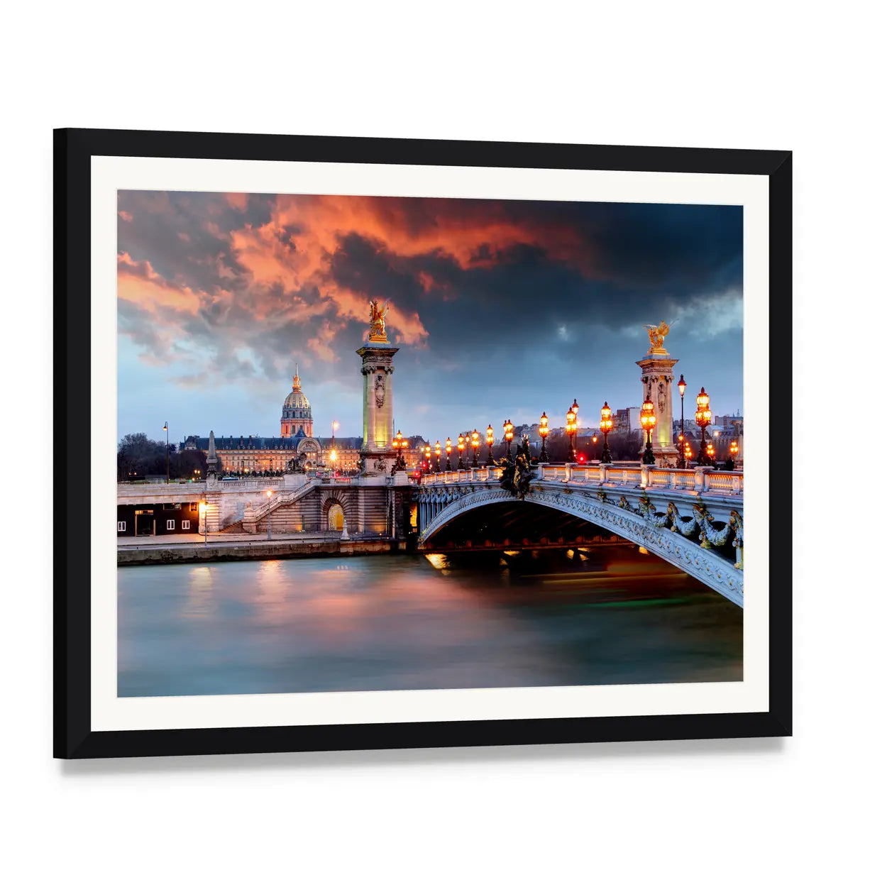 Alexandre Iii Bridge in Paris Canvas Wall Art, framed print with white mat and black frame, angled product view