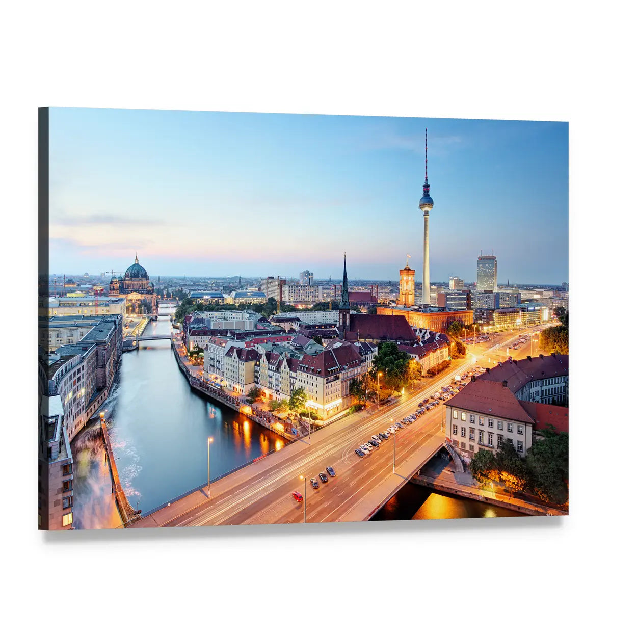 Berlin Skyline with Fernsehturm at Dusk Canvas Wall Art, single panel gallery wrapped canvas, angled product view
