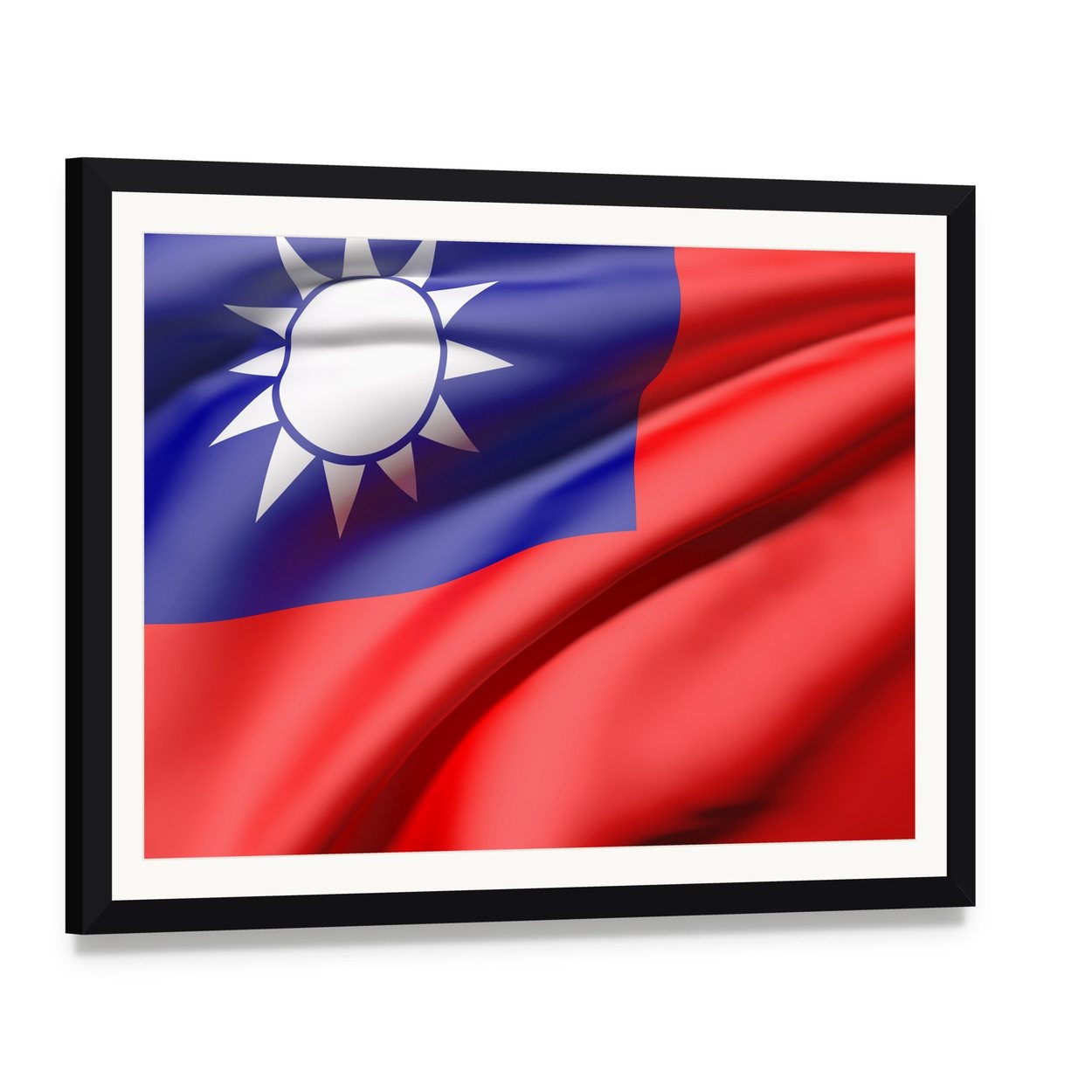 Waving Taiwan Flag Canvas Wall Art, framed print with white mat and black frame, angled product view