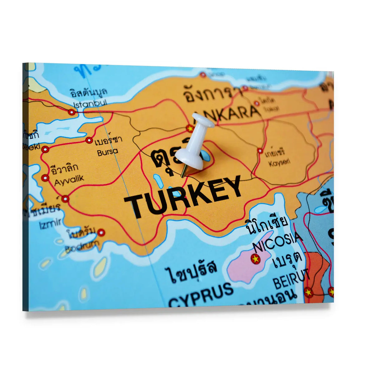 Turkey Map With Push Pin Canvas Wall Art, single panel gallery wrapped canvas, angled product view