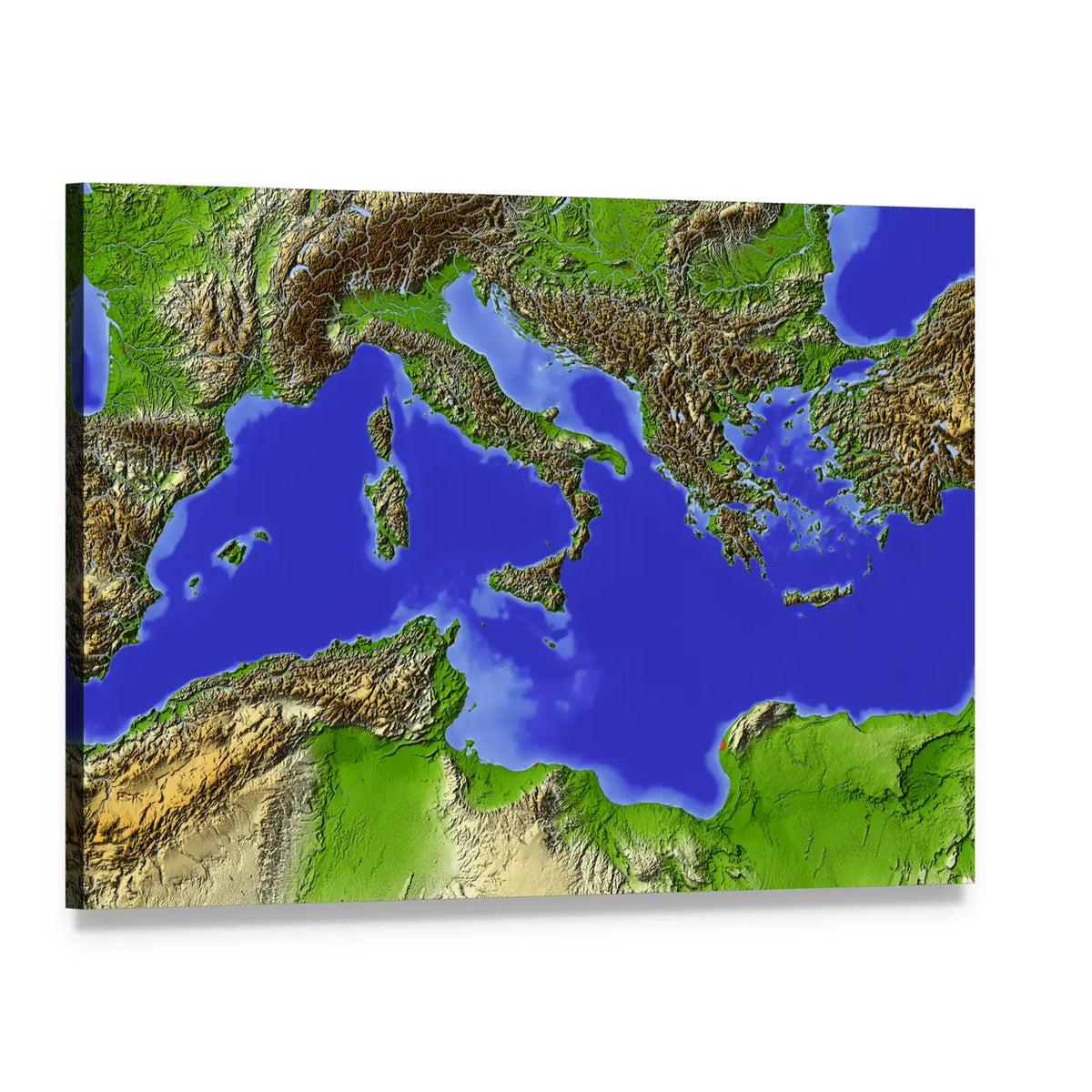 Shaded Relief Map of the Mediterranean Canvas Wall Art, single panel gallery wrapped canvas, angled product view