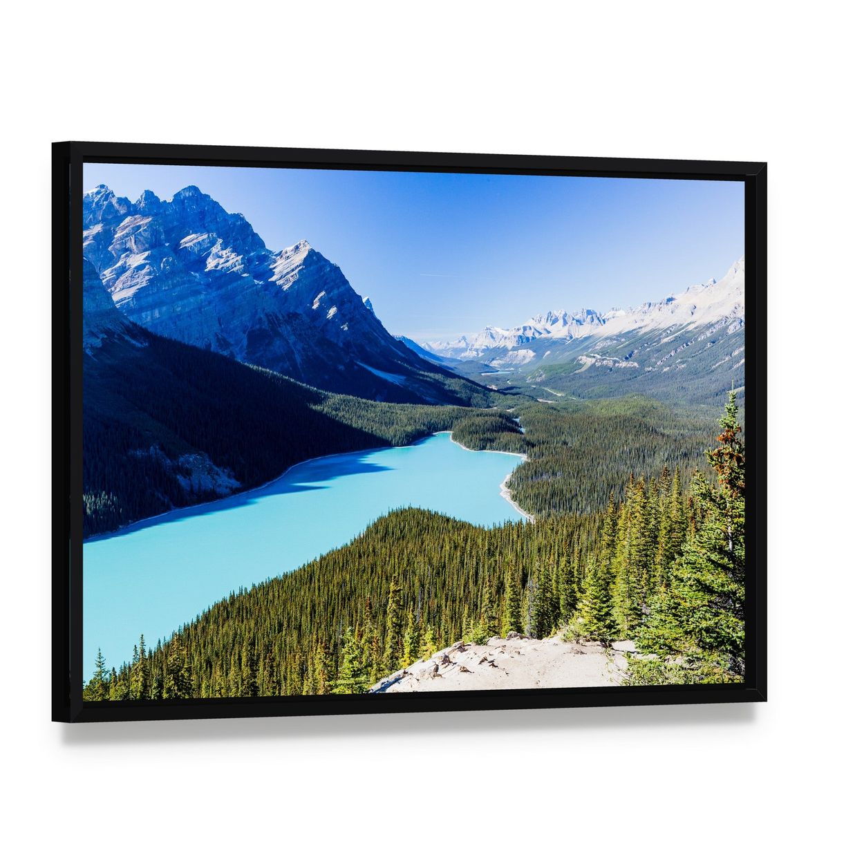 Majestic Glacier Lake and Mountain Landscape Canvas Wall Art, framed canvas in a black floater frame, angled product view