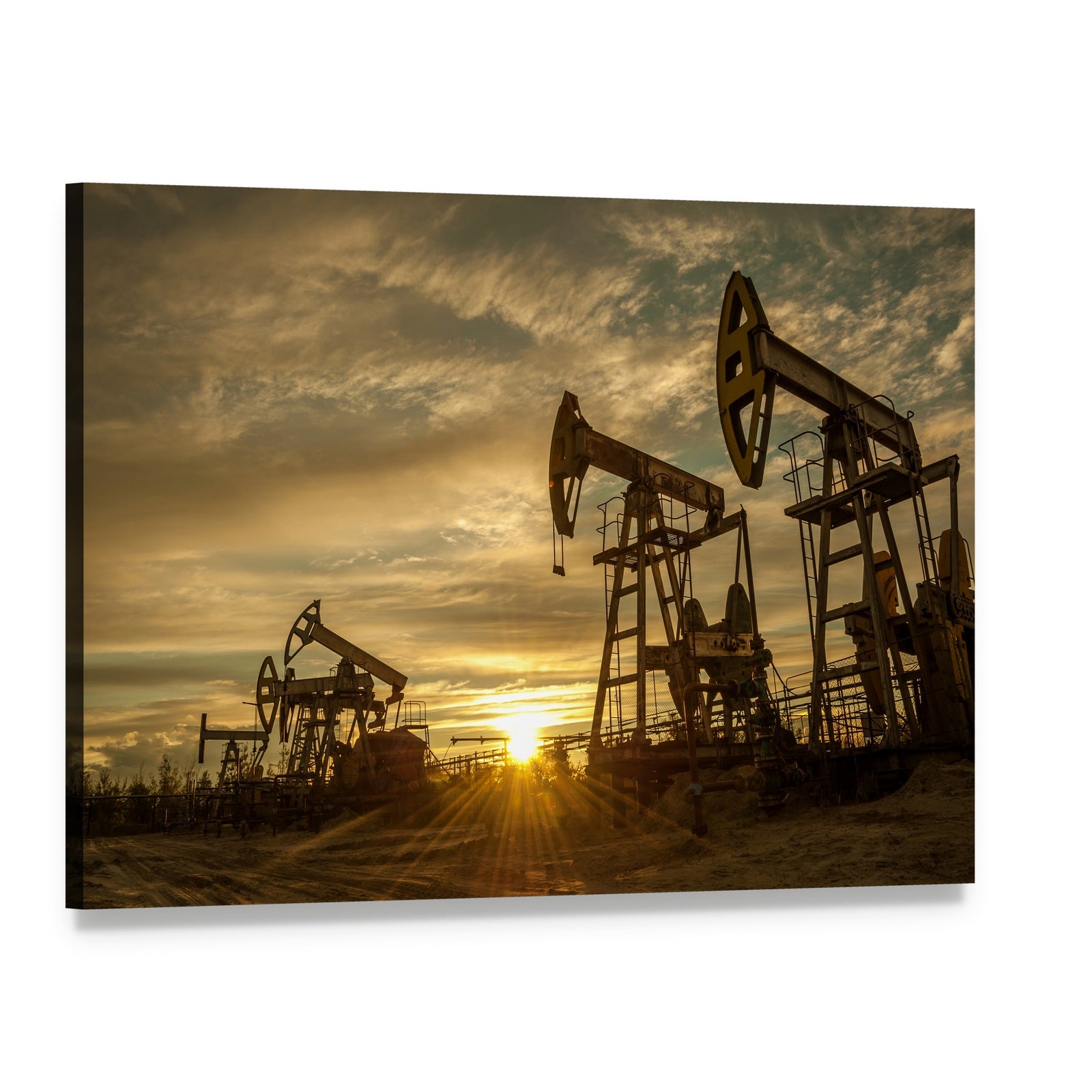 Oil Pump Jacks at Sunset Canvas Wall Art, single panel gallery wrapped canvas, angled product view