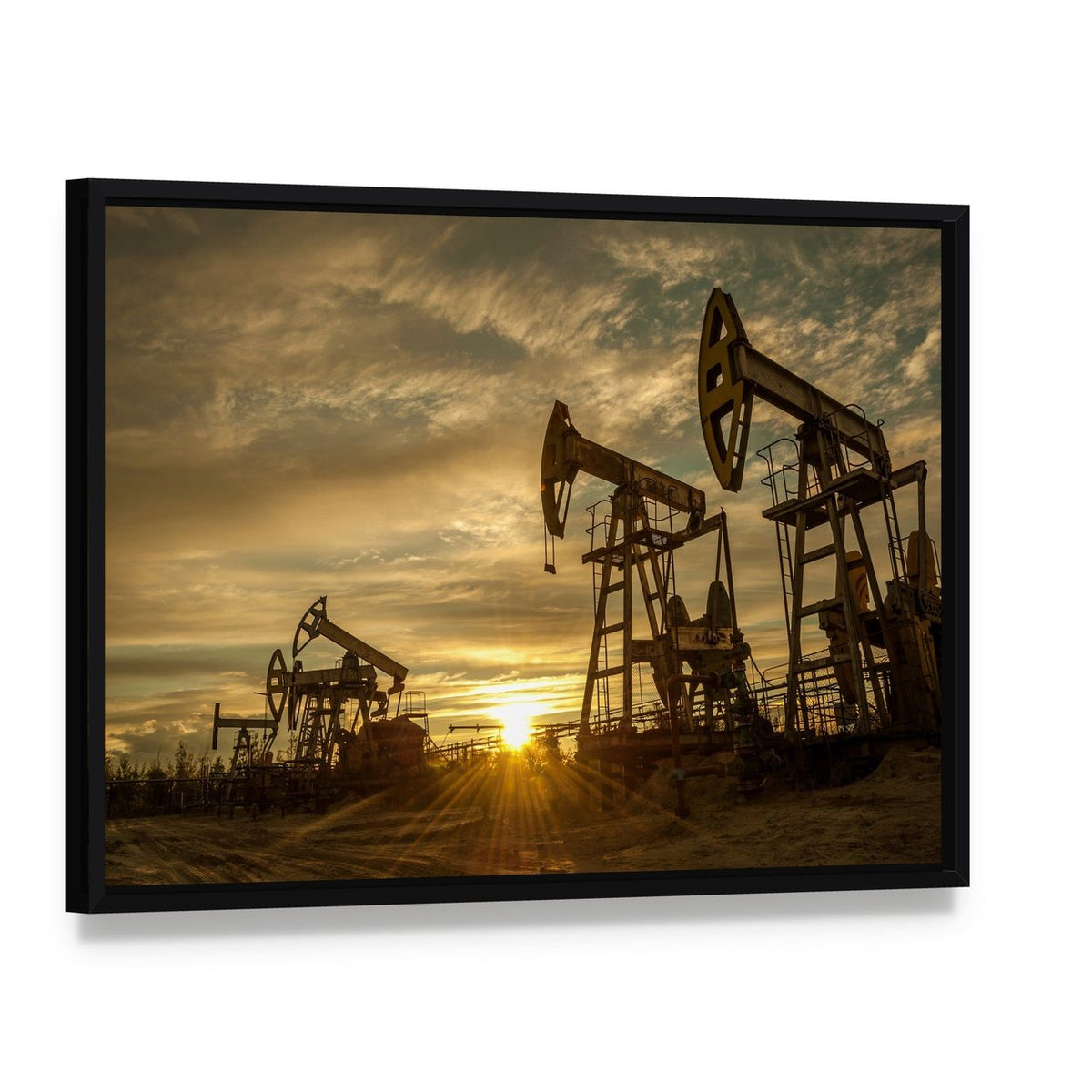 Oil Pump Jacks at Sunset Canvas Wall Art, framed canvas in a black floater frame, angled product view