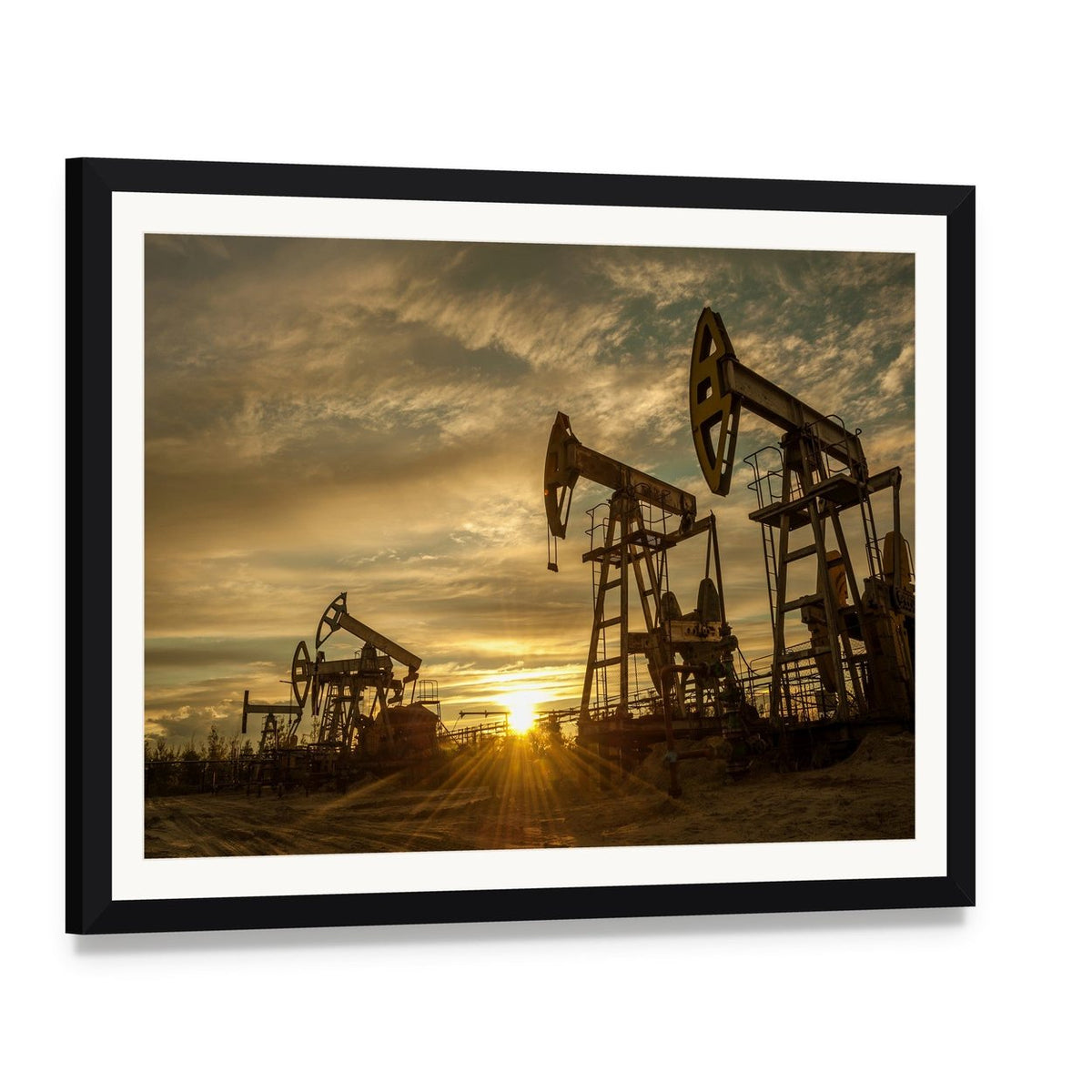 Oil Pump Jacks at Sunset Canvas Wall Art, framed print with white mat and black frame, angled product view