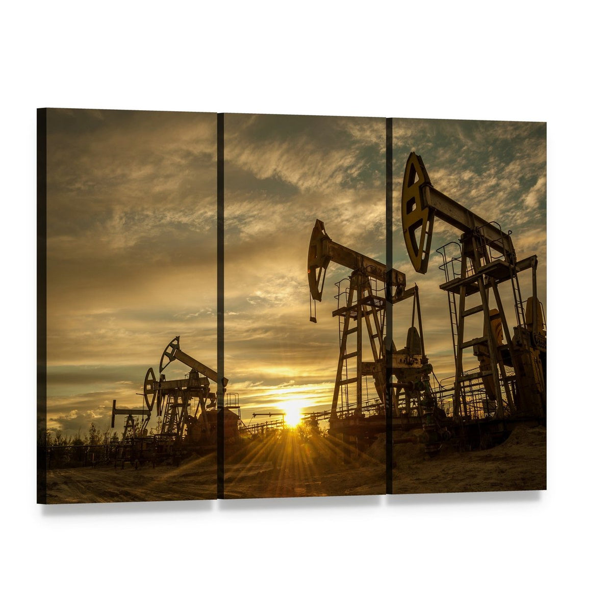 Oil Pump Jacks at Sunset Canvas Wall Art, 3 panel 3 Horizontal layout gallery wrapped canvas set, angled product view