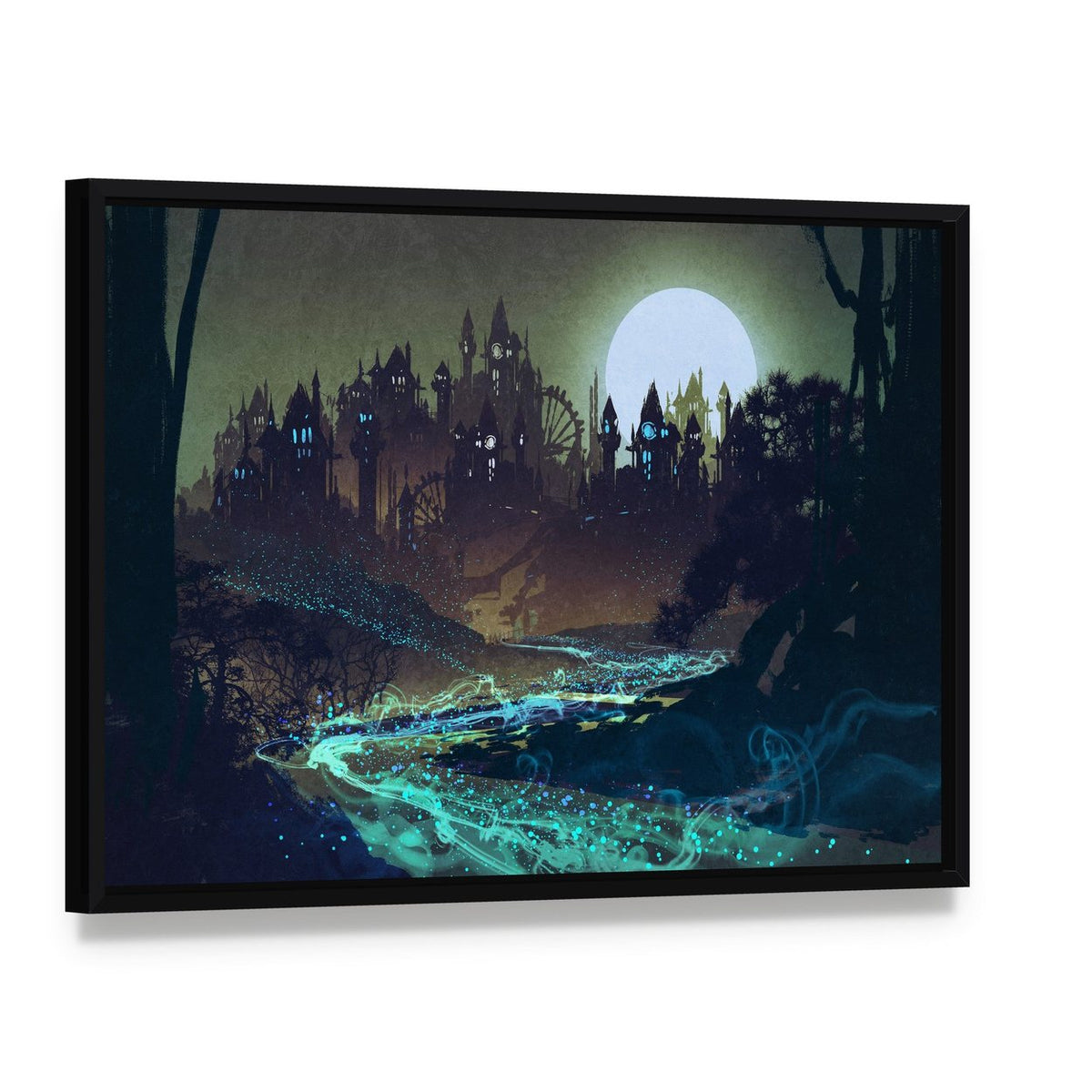 Moon Over Castle Illustration Canvas Wall Art, framed canvas in a black floater frame, angled product view