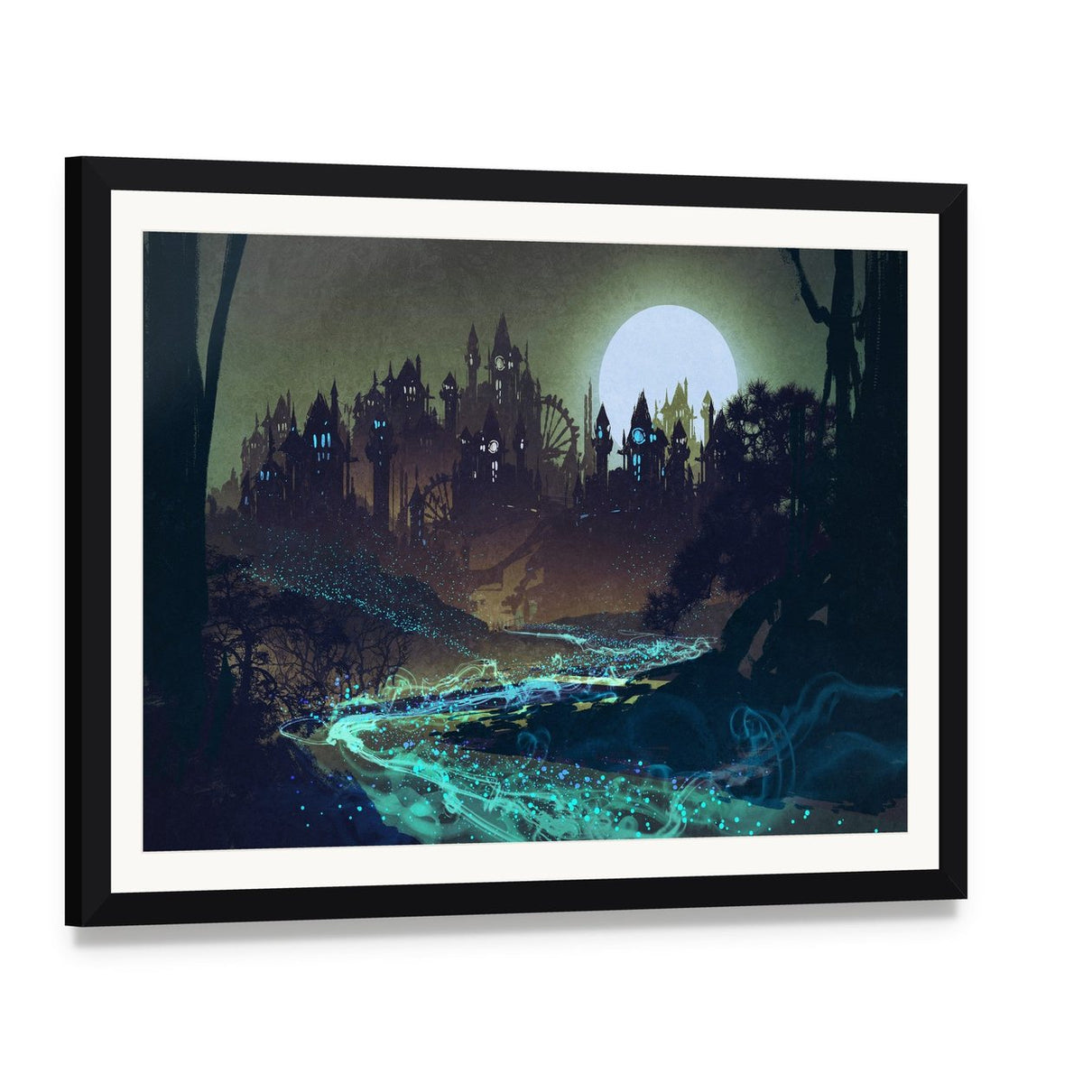 Moon Over Castle Illustration Canvas Wall Art, framed print with white mat and black frame, angled product view