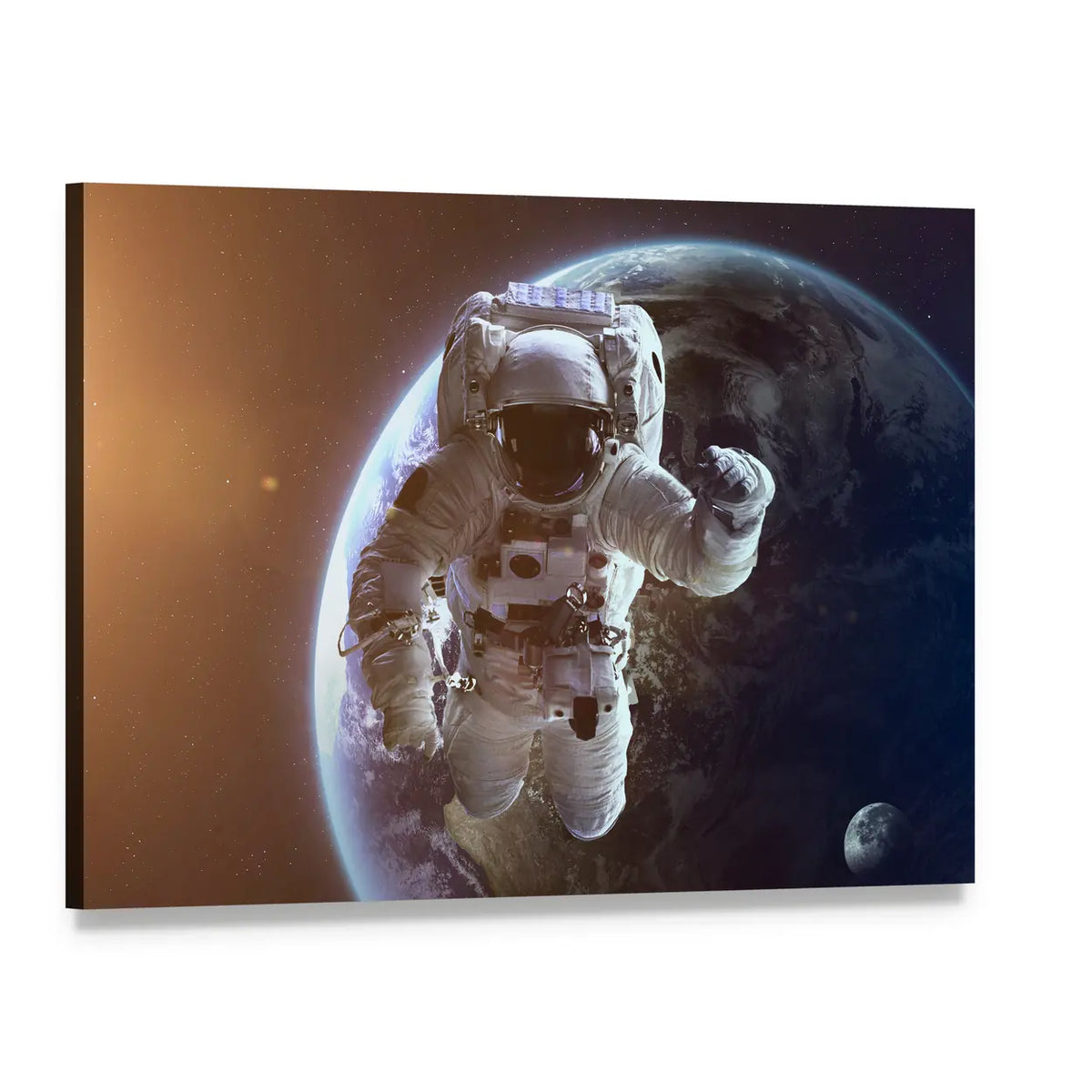 Astronaut Near Planet Earth Canvas Wall Art, single panel gallery wrapped canvas, angled product view