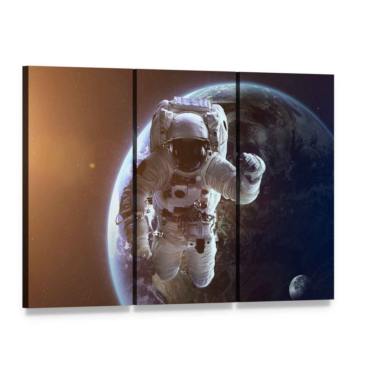 Astronaut Near Planet Earth Canvas Wall Art, 3 panel 3 Horizontal layout gallery wrapped canvas set, angled product view