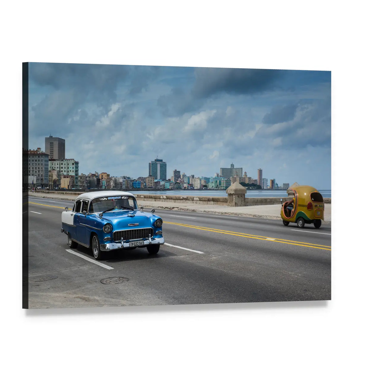 Blue and White Classic Car on Coastal Road Canvas Wall Art, single panel gallery wrapped canvas, angled product view