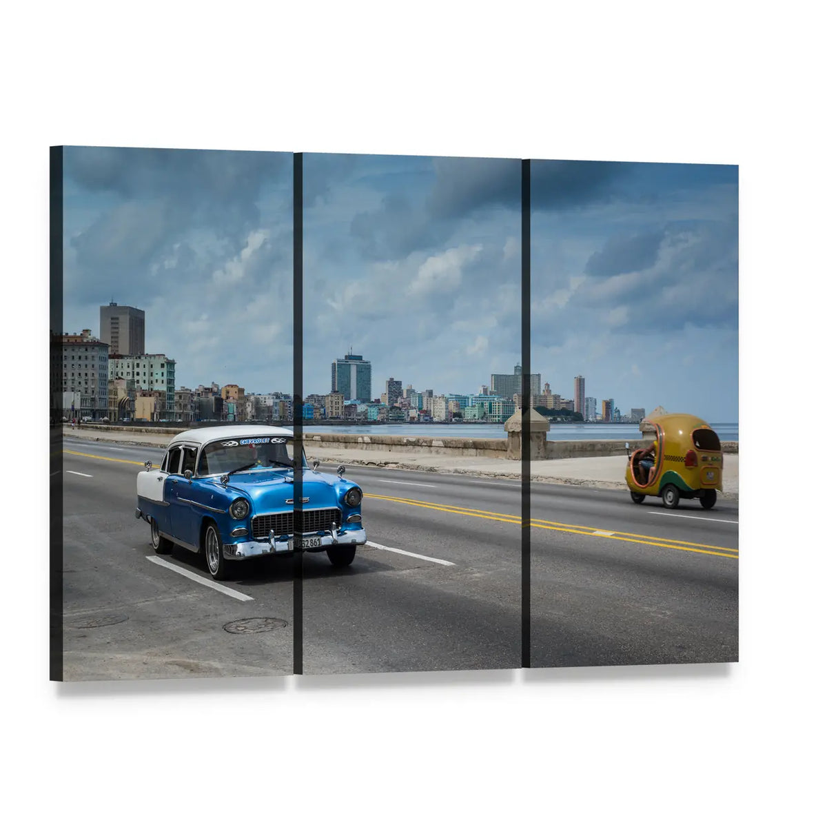 Blue and White Classic Car on Coastal Road Canvas Wall Art, 3 panel 3 Horizontal layout gallery wrapped canvas set, angled product view