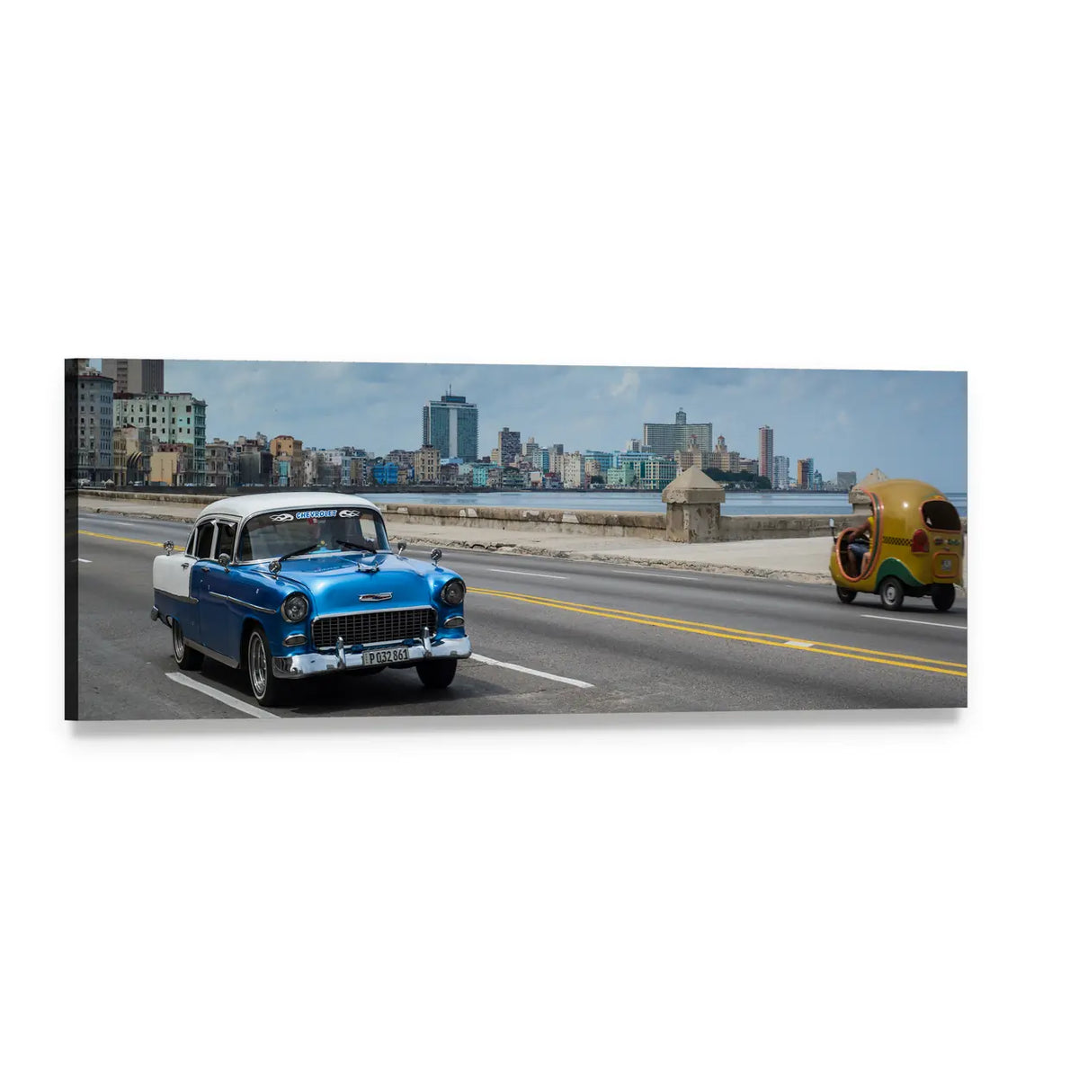 Classic American Car on Havana Malecón Panoramic Canvas Wall Art, single panel gallery wrapped canvas, angled product view