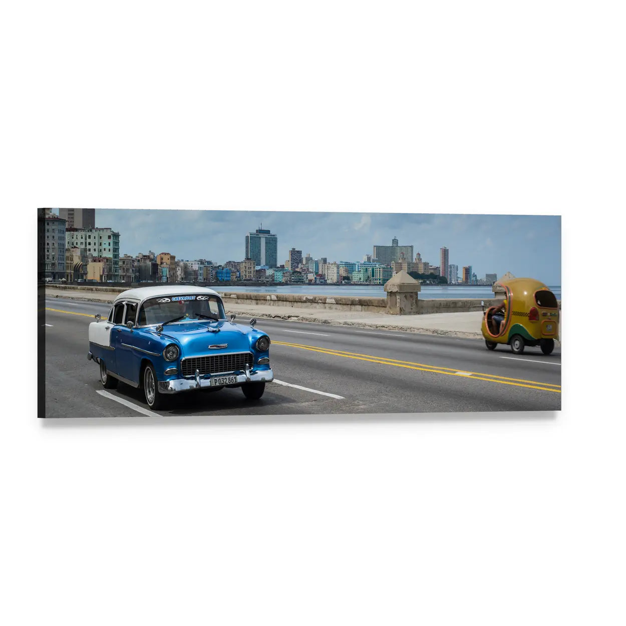 Classic American Car on Havana Malecón Panoramic Canvas Wall Art, single panel gallery wrapped canvas, angled product view