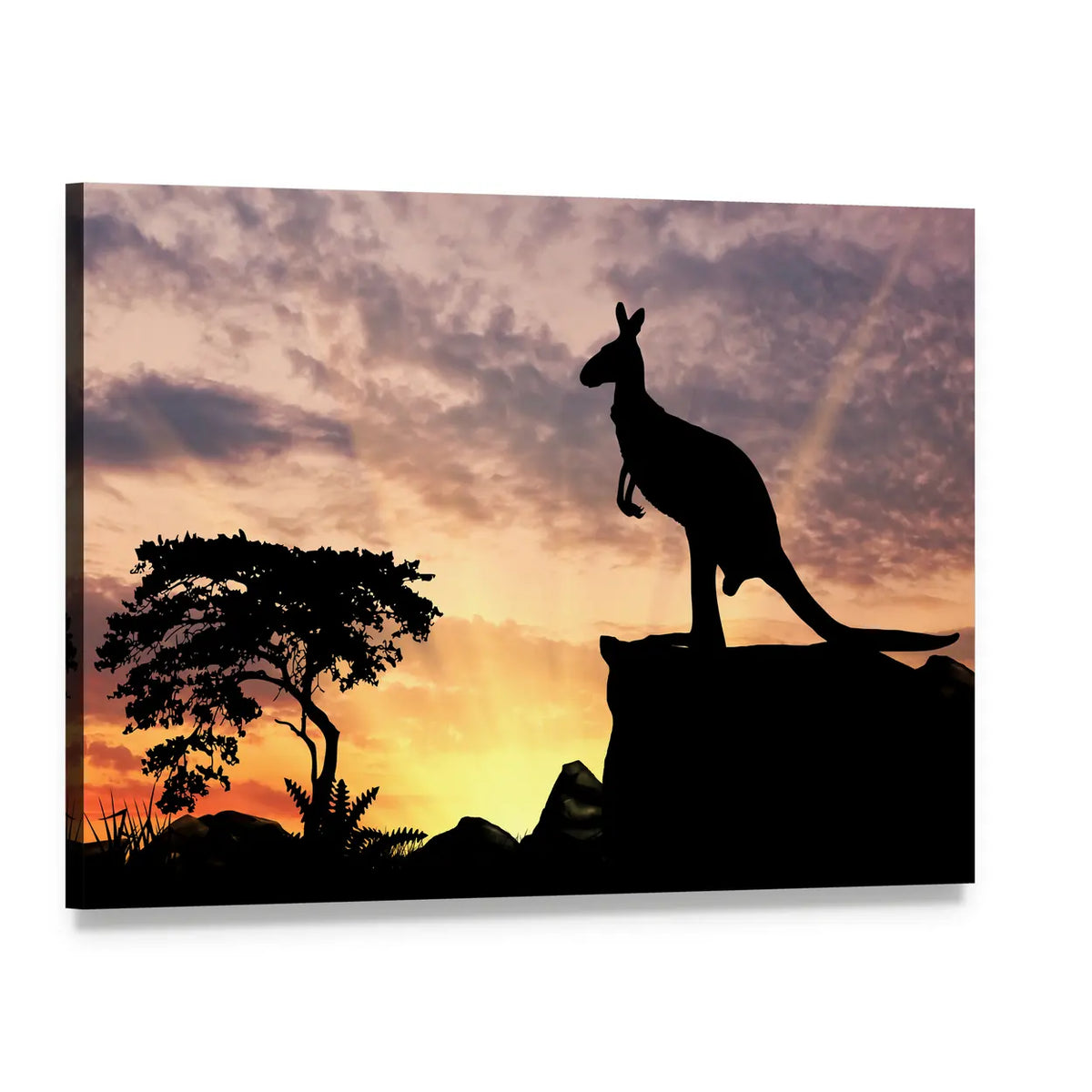 Kangaroo Silhouette on Cliff at Sunset Canvas Wall Art, single panel gallery wrapped canvas, angled product view
