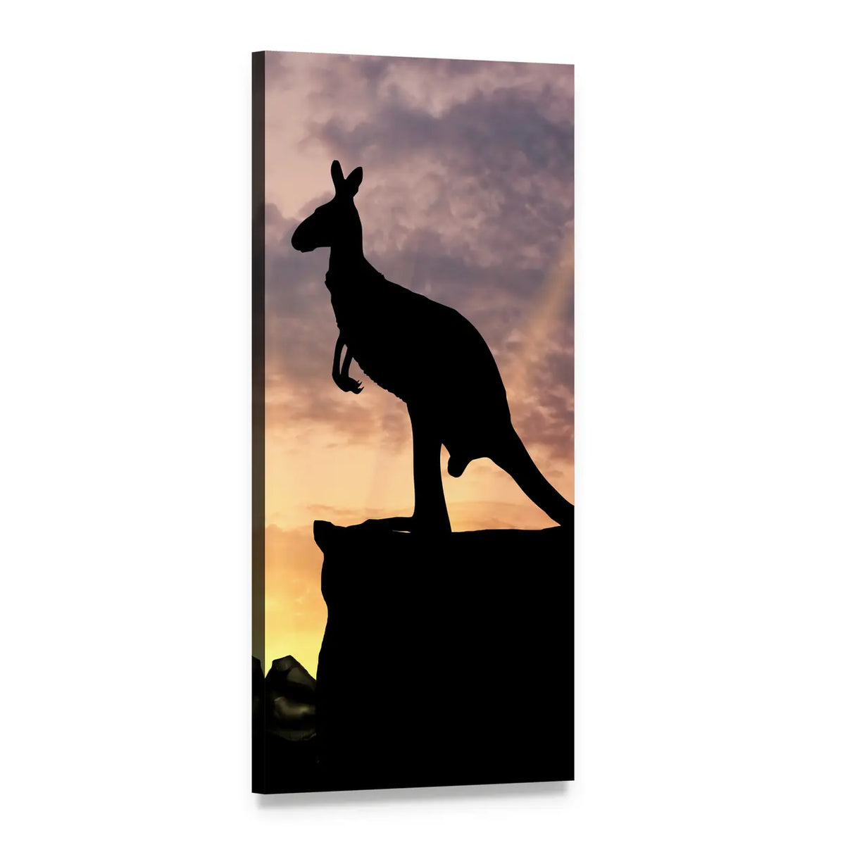 Kangaroo Silhouette on a Cliff at Sunset Vertical Canvas Wall Art, 1 panel 1 Vertical layout gallery wrapped canvas set, angled product view