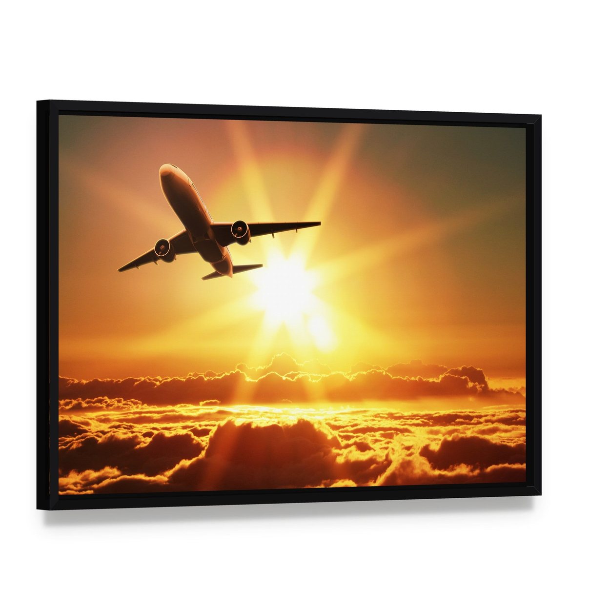 Plane Takes Off at Sunrise Canvas Wall Art, framed canvas in a black floater frame, angled product view