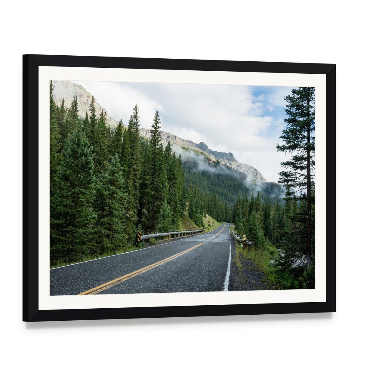 Beartooth Highway Mountain Road, Montana Canvas Wall Art, framed print with white mat and black frame, angled product view