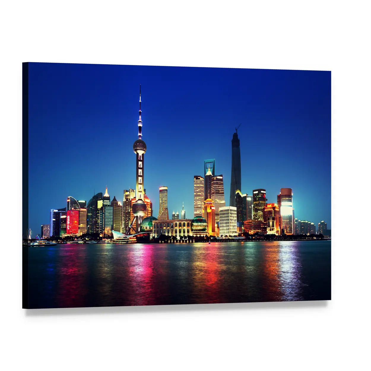 Shanghai Night Skyline with Oriental Pearl Tower Canvas Wall Art, single panel gallery wrapped canvas, angled product view