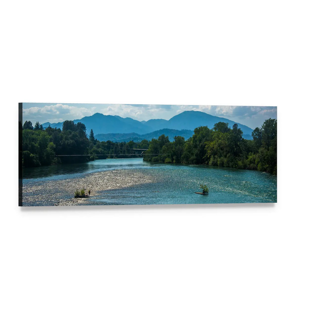 Shallow River with Layered Blue Mountains Panoramic Canvas Wall Art, single panel gallery wrapped canvas, angled product view