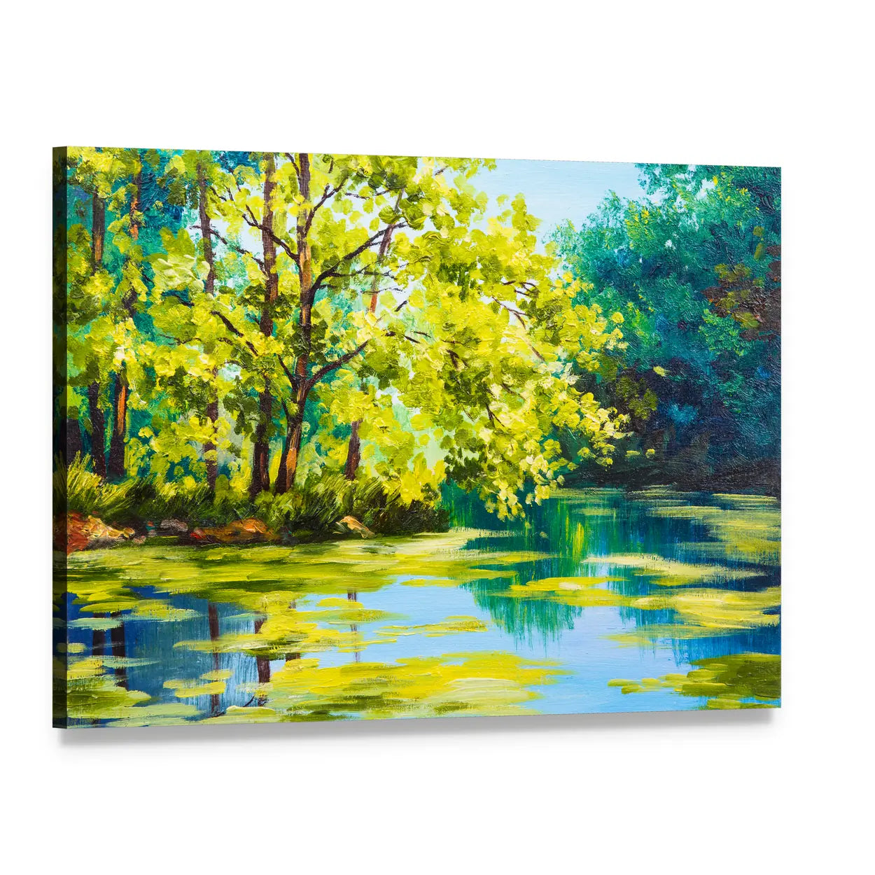 Sunlit Forest Lake Canvas Wall Art, single panel gallery wrapped canvas, angled product view