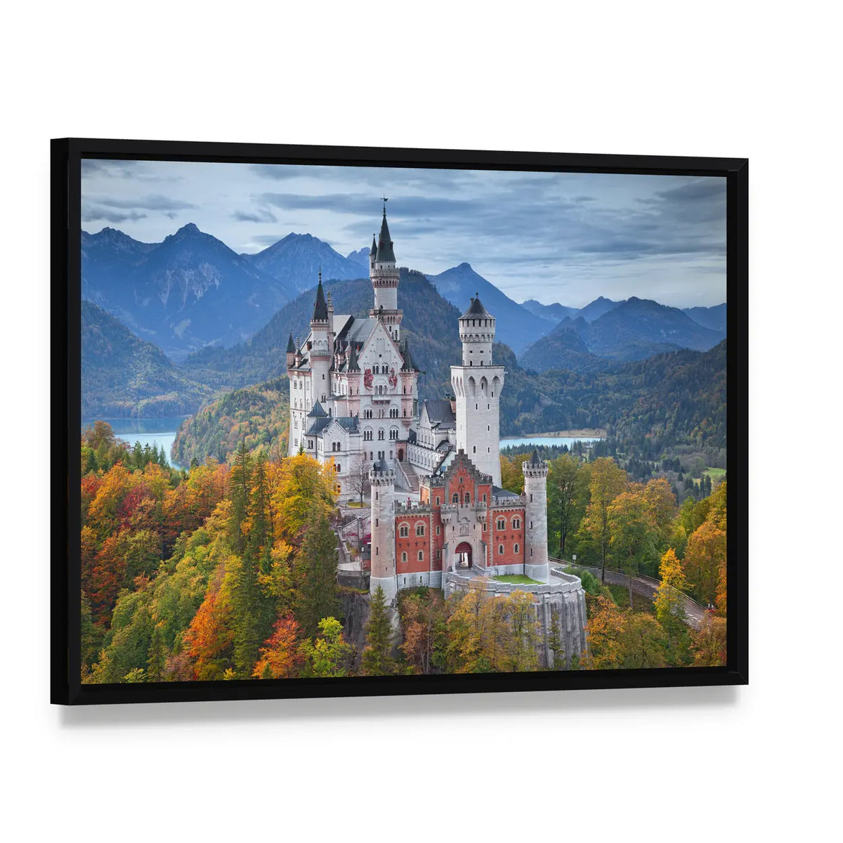 Neuschwanstein Castle with Turquoise Lake Canvas Wall Art, framed canvas in a black floater frame, angled product view