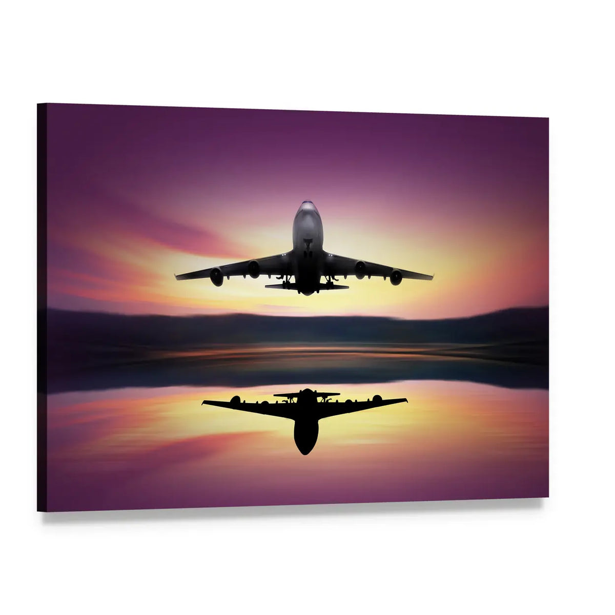 Silhouetted Airplane Over Reflective Lake Canvas Wall Art, single panel gallery wrapped canvas, angled product view