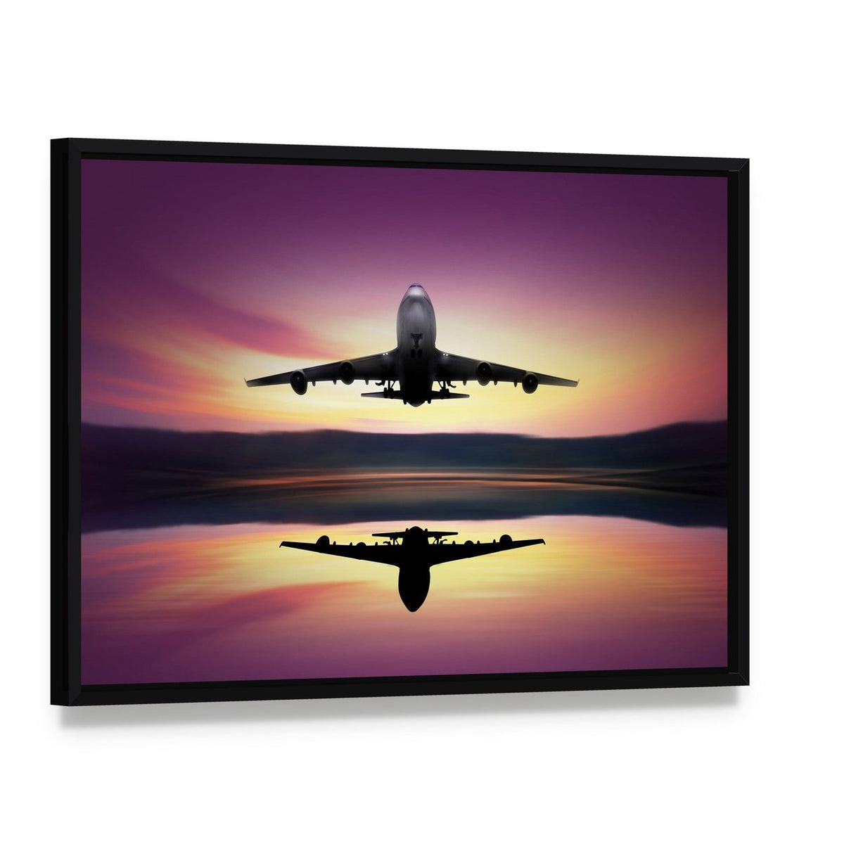 Airplane Flying Above Lake Canvas Wall Art, framed canvas in a black floater frame, angled product view