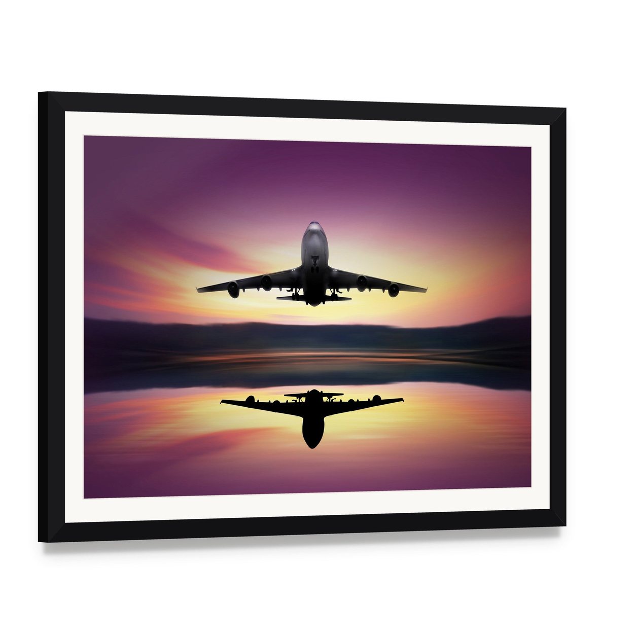 Airplane Flying Above Lake Canvas Wall Art, framed print with white mat and black frame, angled product view