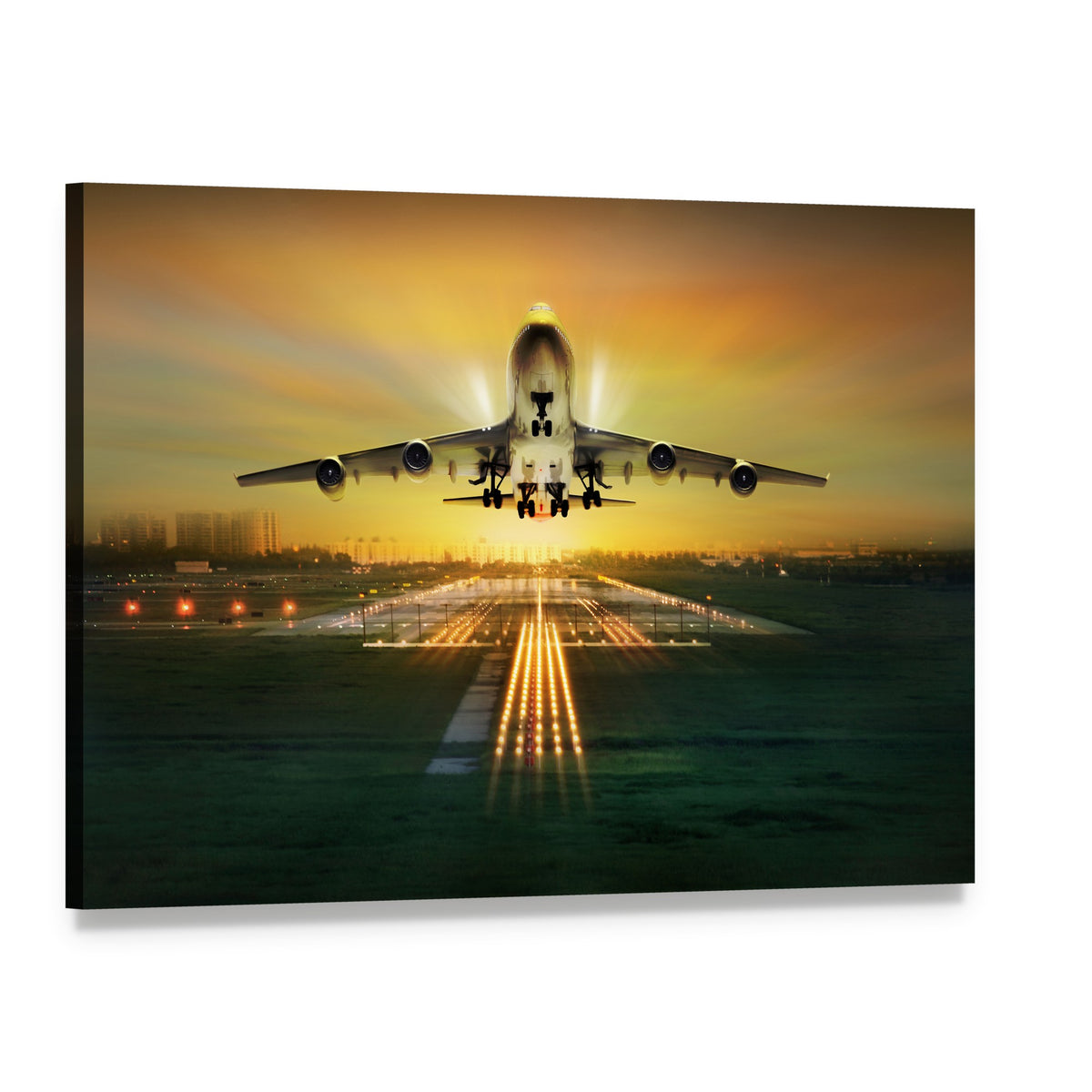 Airplane Taking Off from Runway Canvas Wall Art, single panel gallery wrapped canvas, angled product view