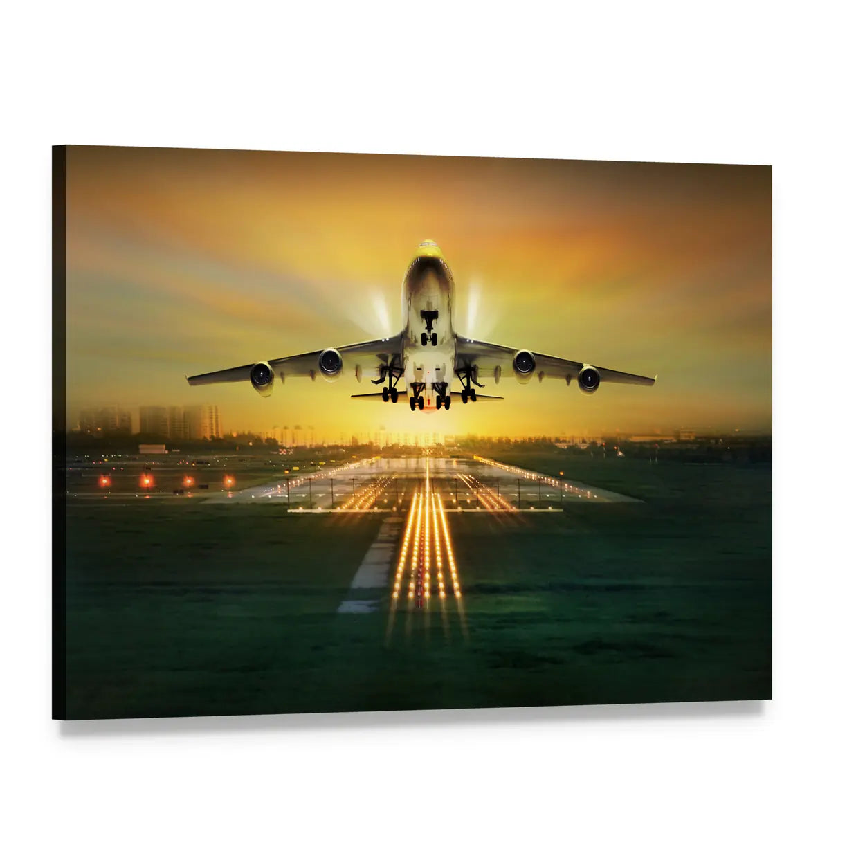 Airplane Takeoff from Runway at Sunset Canvas Wall Art, single panel gallery wrapped canvas, angled product view