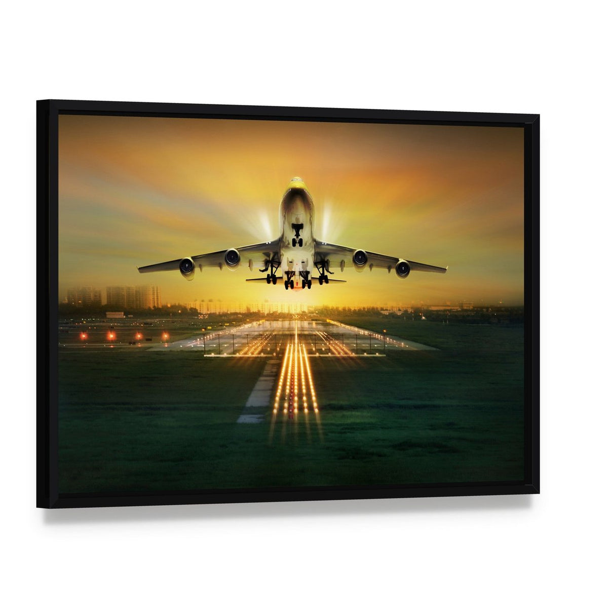 Airplane Taking Off from Runway Canvas Wall Art, framed canvas in a black floater frame, angled product view