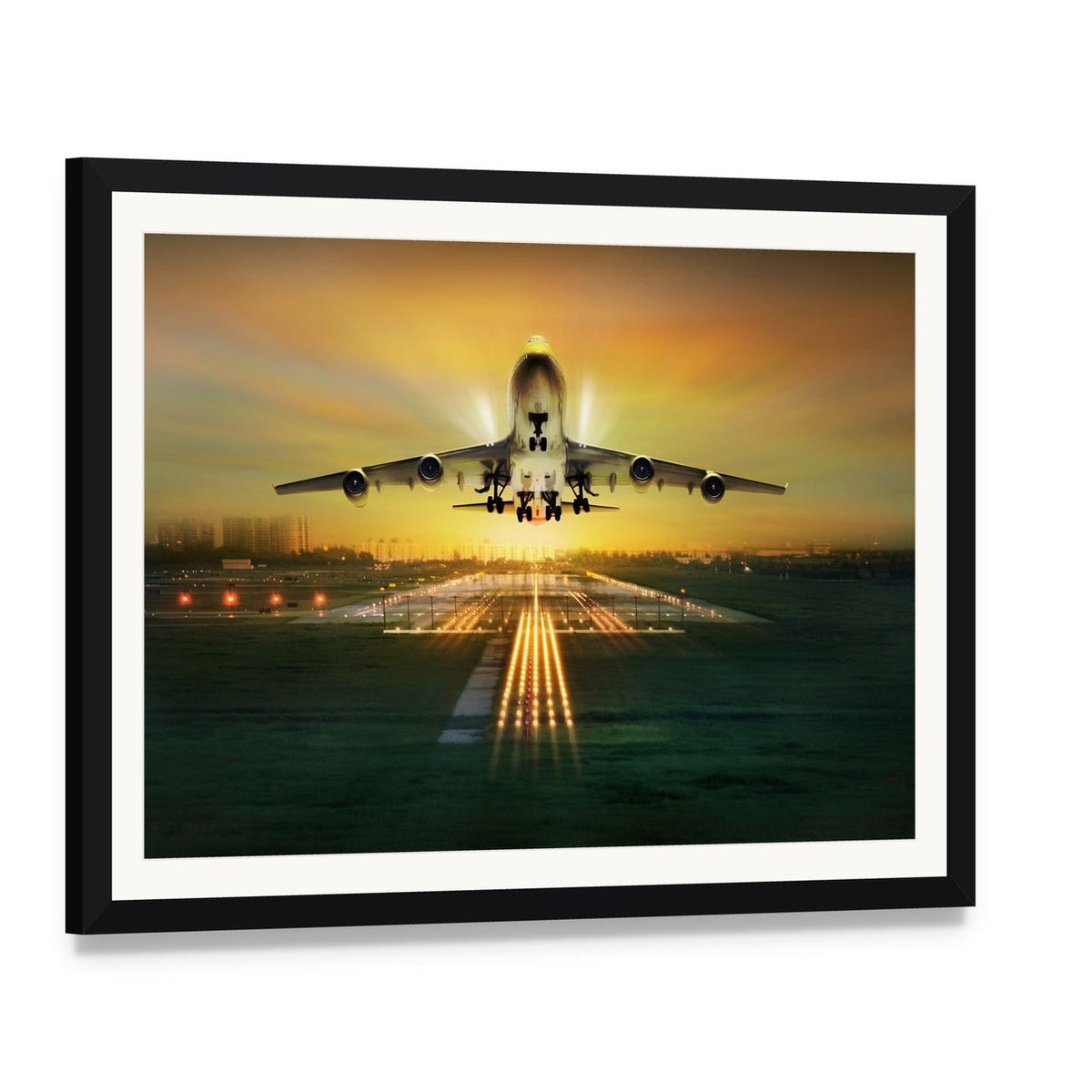 Airplane Taking Off from Runway Canvas Wall Art, framed print with white mat and black frame, angled product view