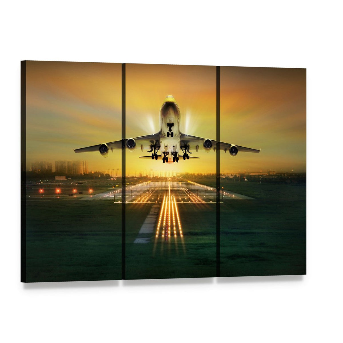 Airplane Taking Off from Runway Canvas Wall Art, 3 panel 3 Horizontal layout gallery wrapped canvas set, angled product view