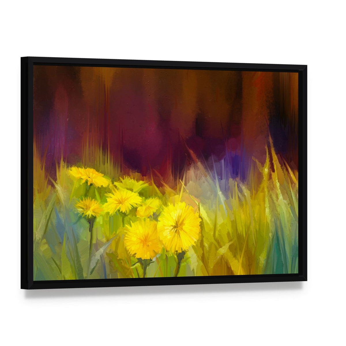 Nature Grass Flowers Abstract Canvas Wall Art, framed canvas in a black floater frame, angled product view